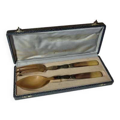 Service salade vintage corne métal 25cm coffret ancien art de la table