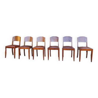 Suite de 6 chaises STELLA, Art Déco, assise en cuir
