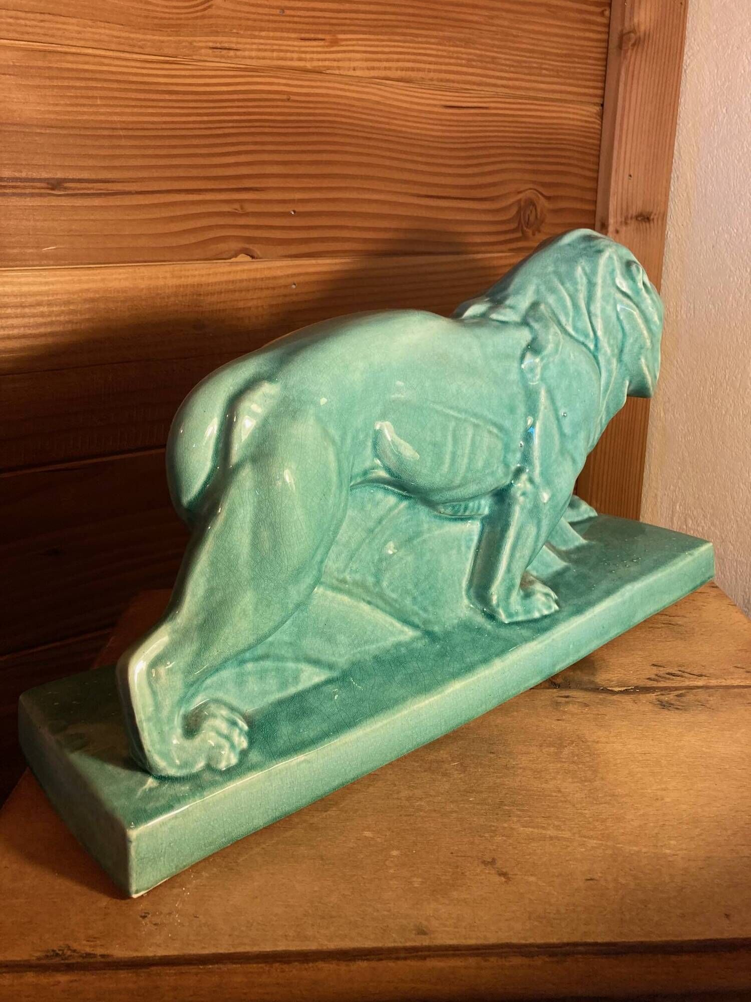 Large Art Deco lion sculpture, in crackled enamel, Peugeot, 1934, Le Jan