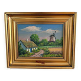 Peinture à l'huile vintage originale de paysage de cottage