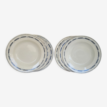 Set of 6 hollow plates model Sofia Gien Terre de fer cream and blue border