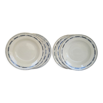 Set of 6 hollow plates model Sofia Gien Terre de fer cream and blue border