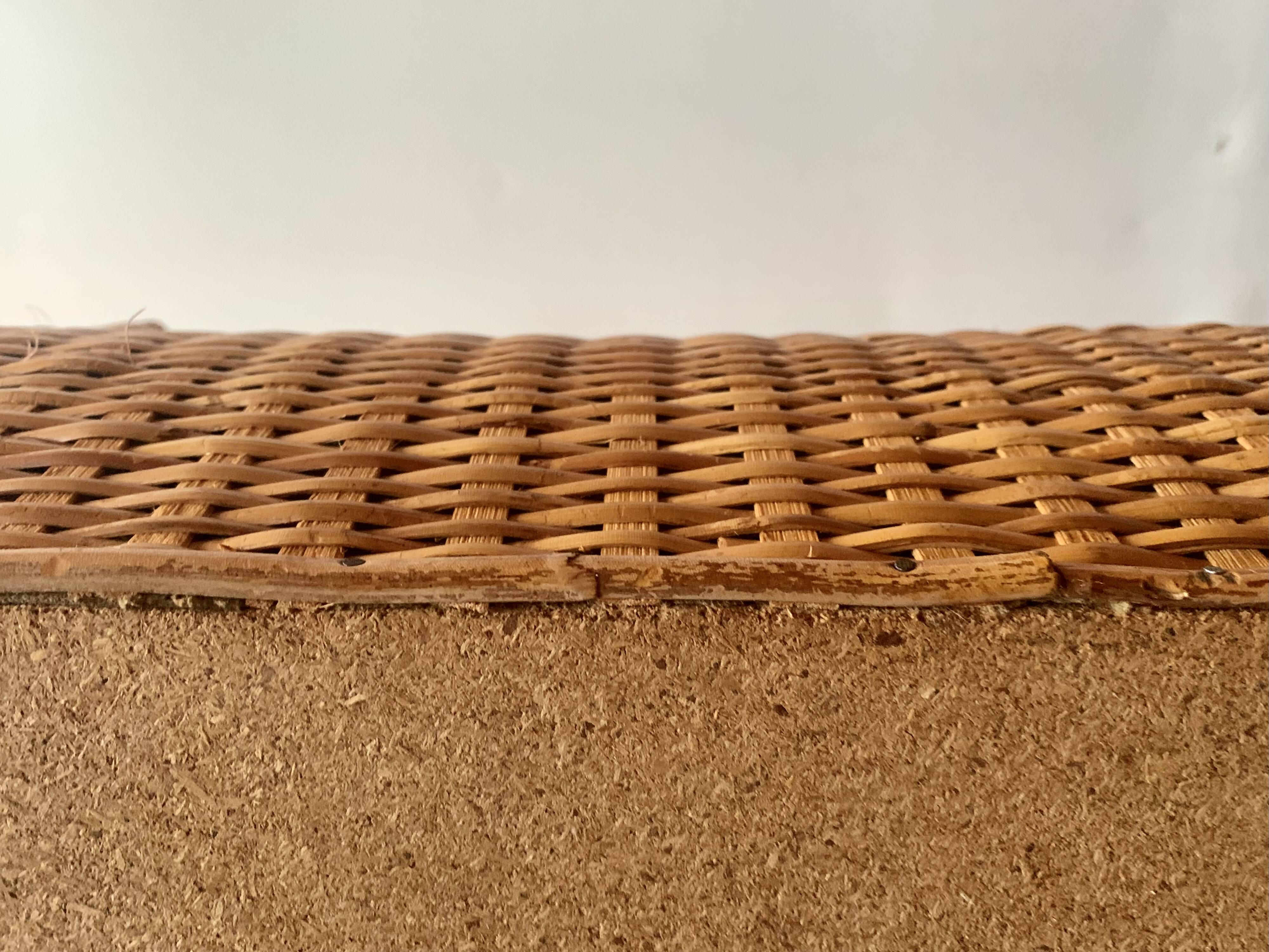 Large vintage rattan and wicker sewing basket with floral decor seat