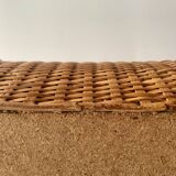 Large vintage rattan and wicker sewing basket with floral decor seat