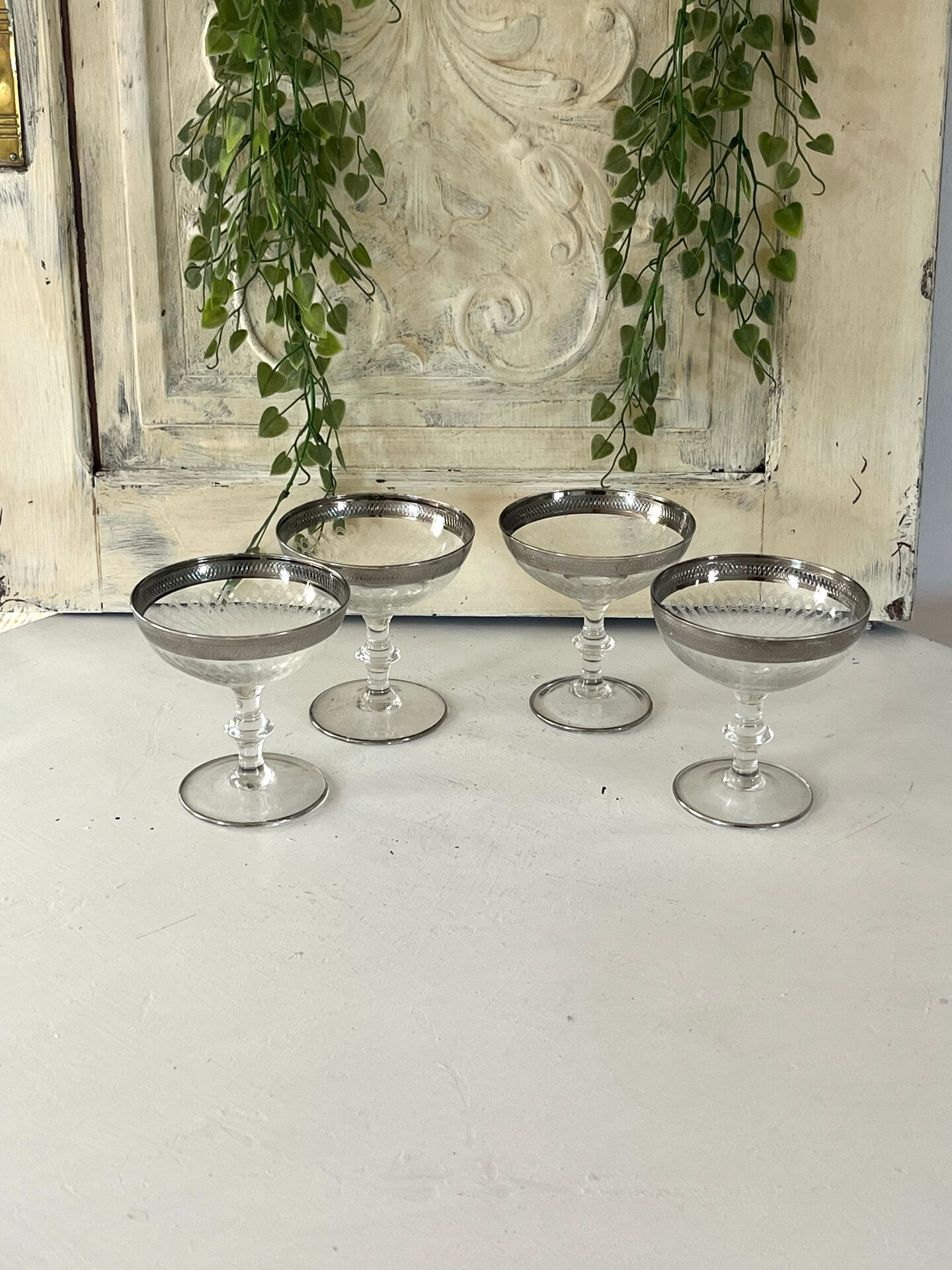 Etched silver rim cocktail coupe glasses set mid century barware