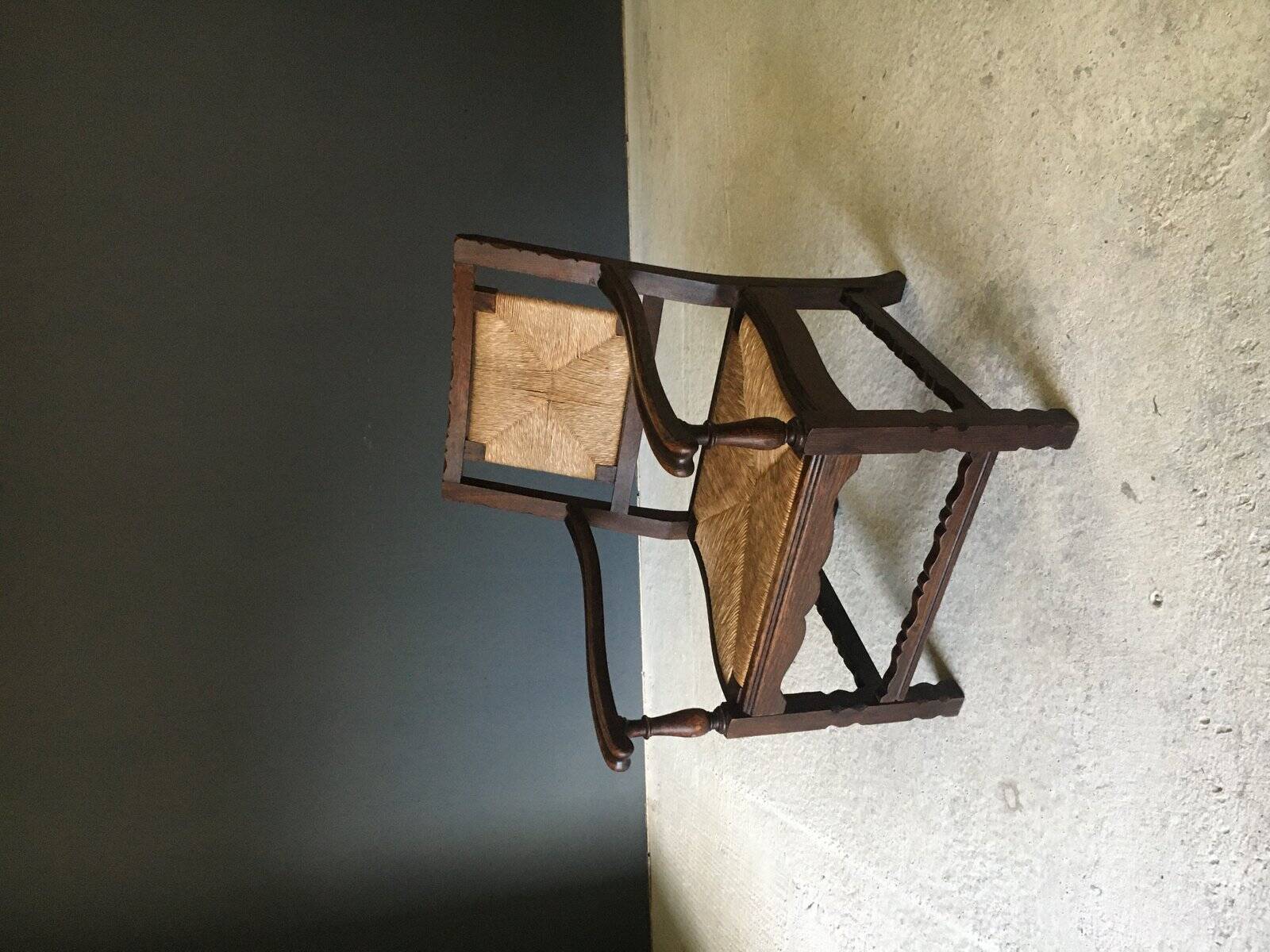 Low Arts & Crafts Oak & Rush Armchair, Belgium 1920s