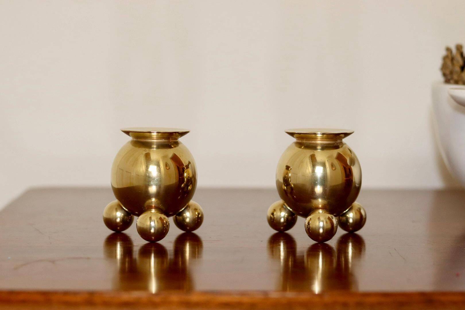 Pair of Mid-Century Swedish Brass Candle Holders by Gusum