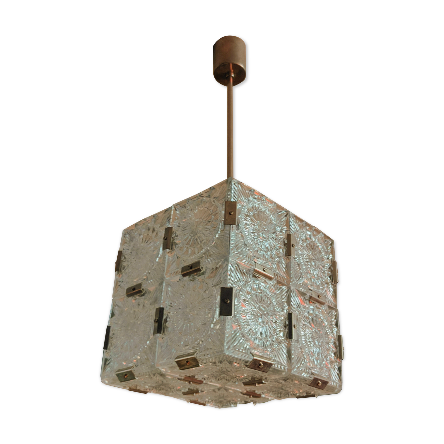 Glass faceted cube chandelier by Jaroslav Bejvl for Kamenicky Senov, year 1968