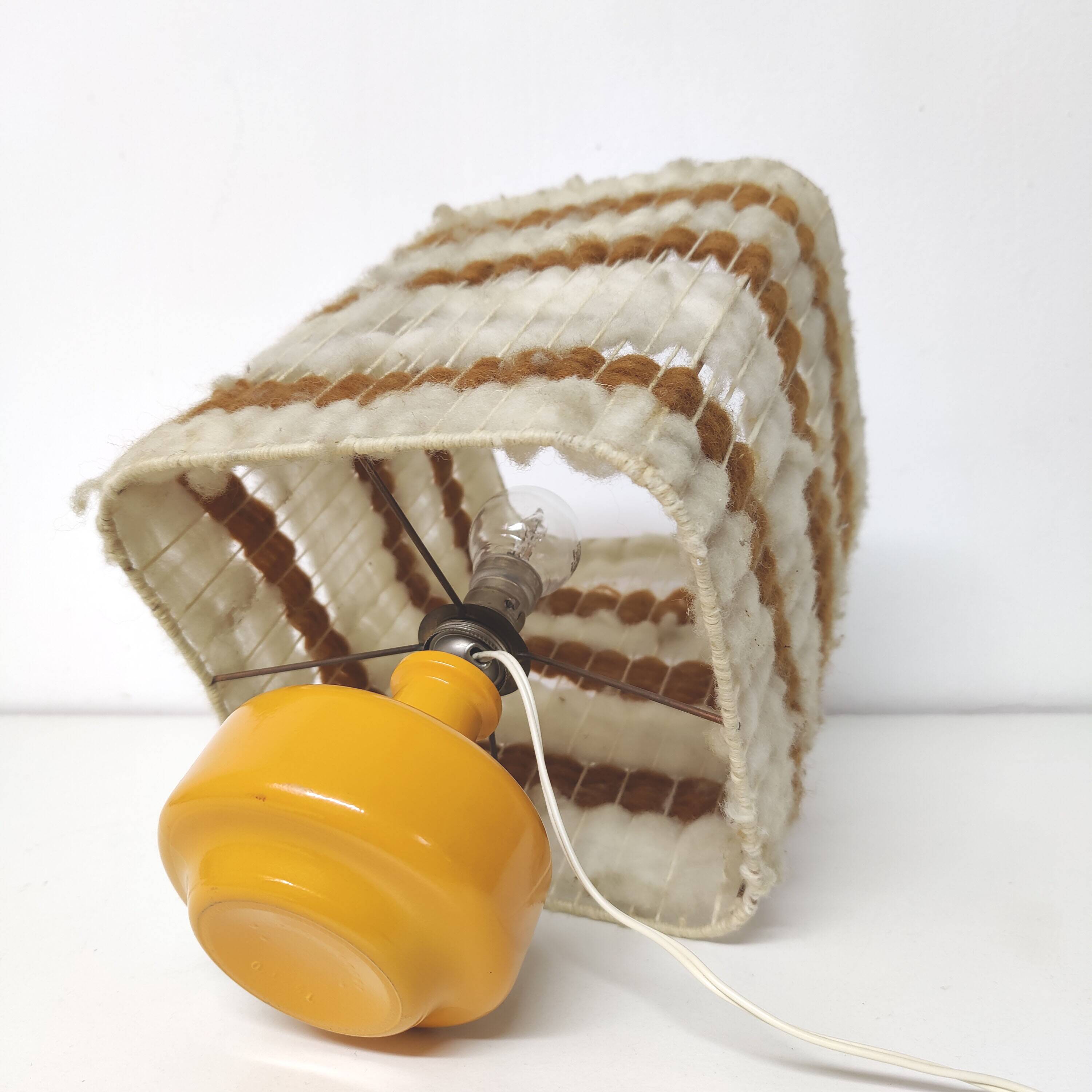 Orange ceramic lamp with vintage wool lampshade from the 70s