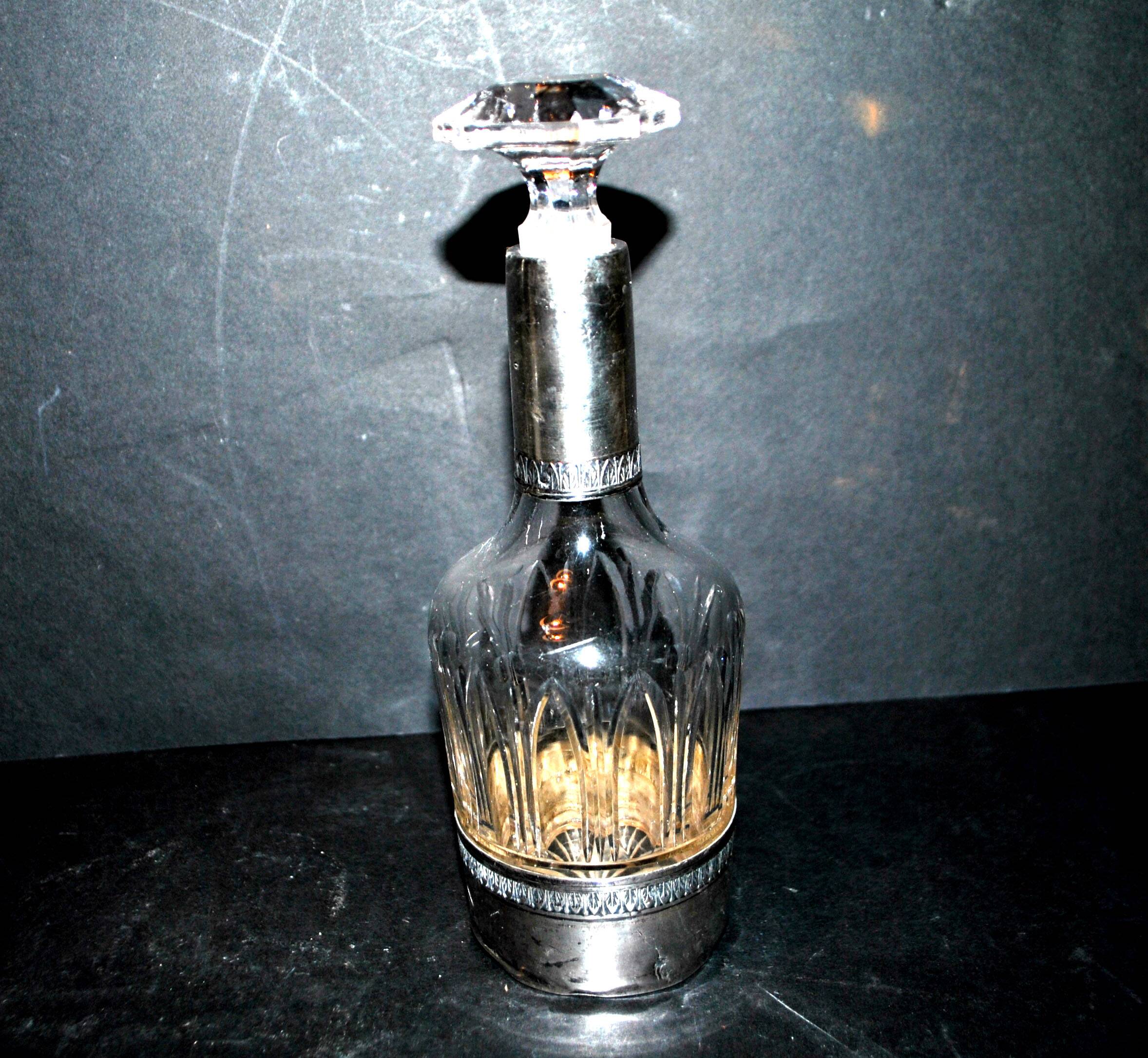 1900 crystal liqueur carafe with water leaf cut + Minerva silver mount