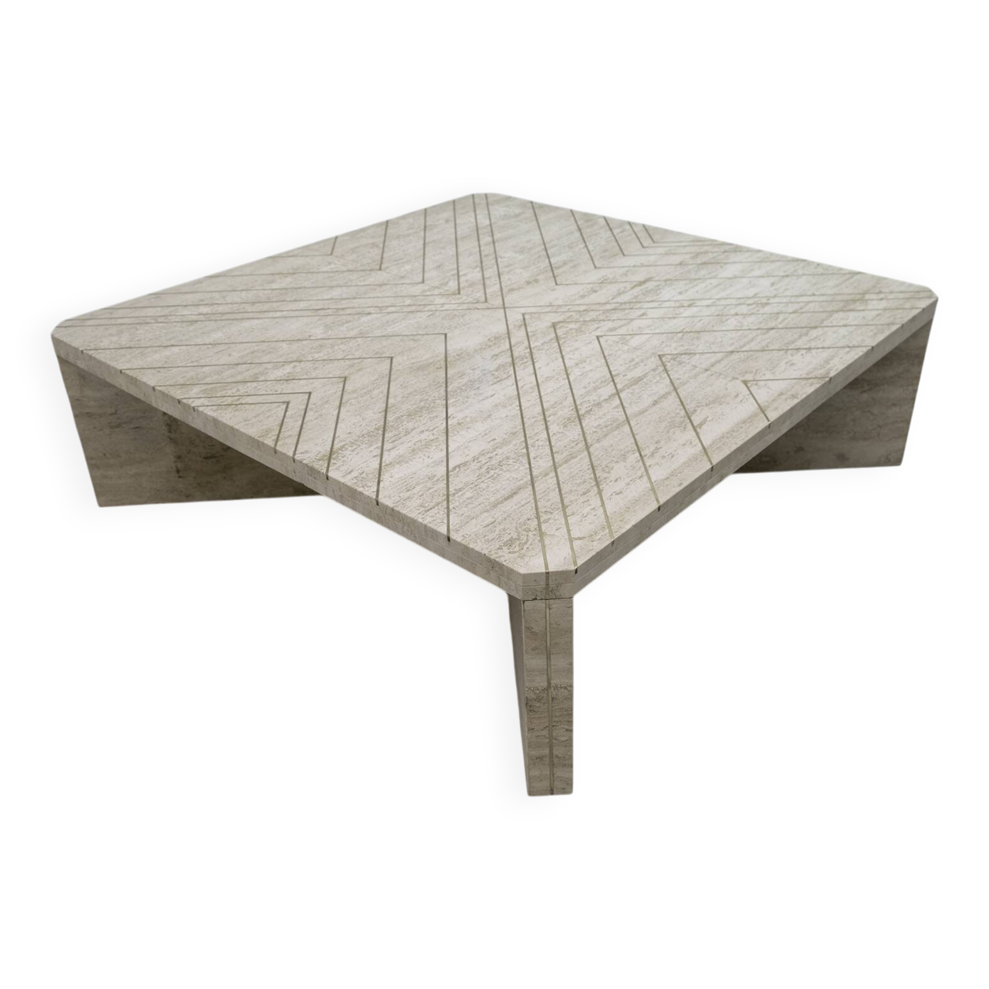 Mid-Century Italian Travertine Coffee Table with Brass Inlays, 70s