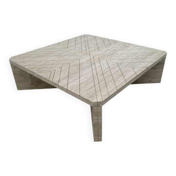 Table basse italienne en travertin avec incrustations en laiton, années 70