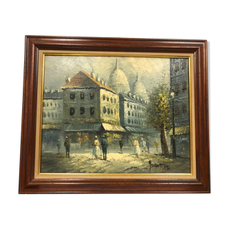 Street painting of betting animated scene signed Burnett