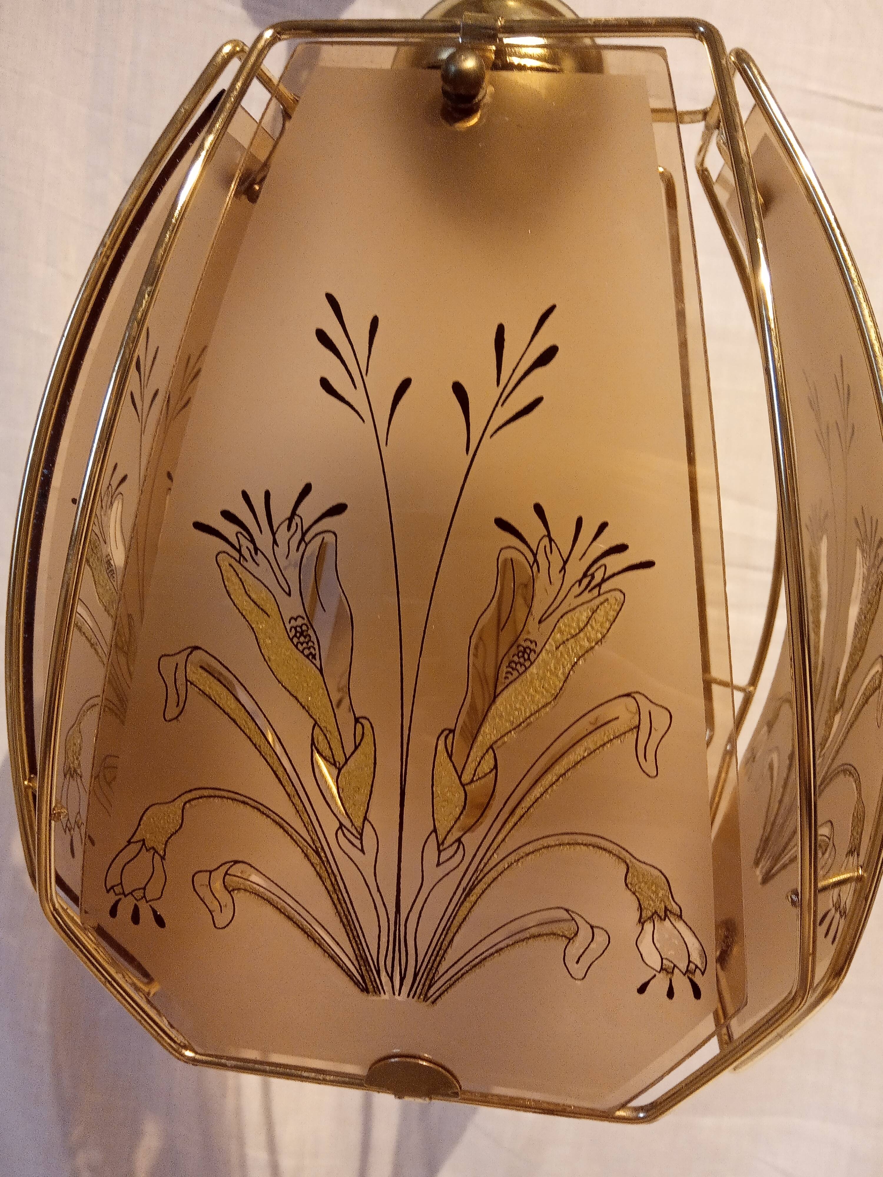 70s painted smoked glass and brass hanging lamp