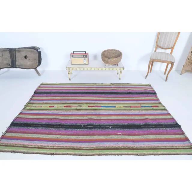 Vintage Turkish Hand-Knotted Wool Cotton Purple Kilim Area Rug 148x205