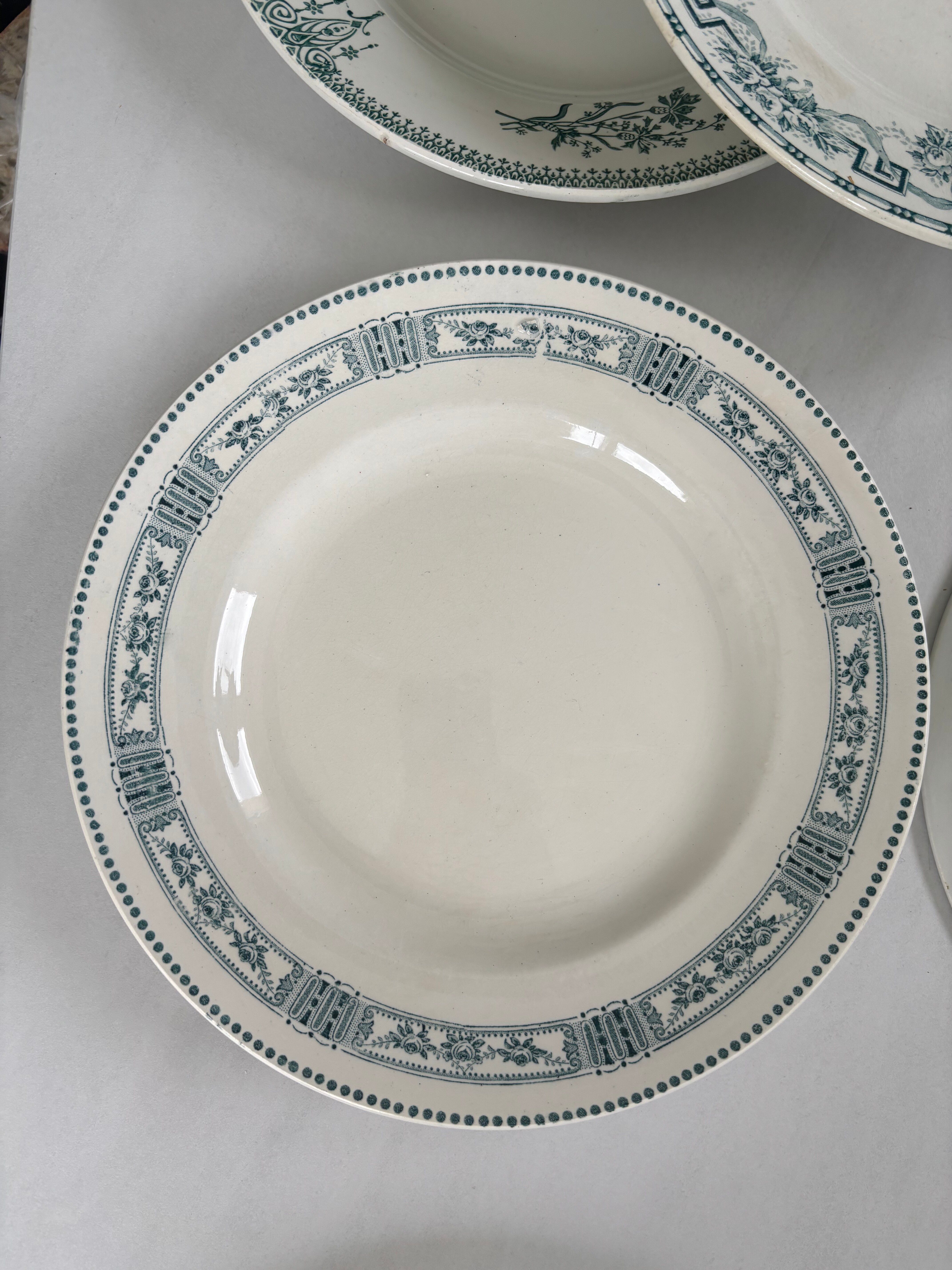 Lot of 6 blue-green ironstone plates, antique French earthenware.