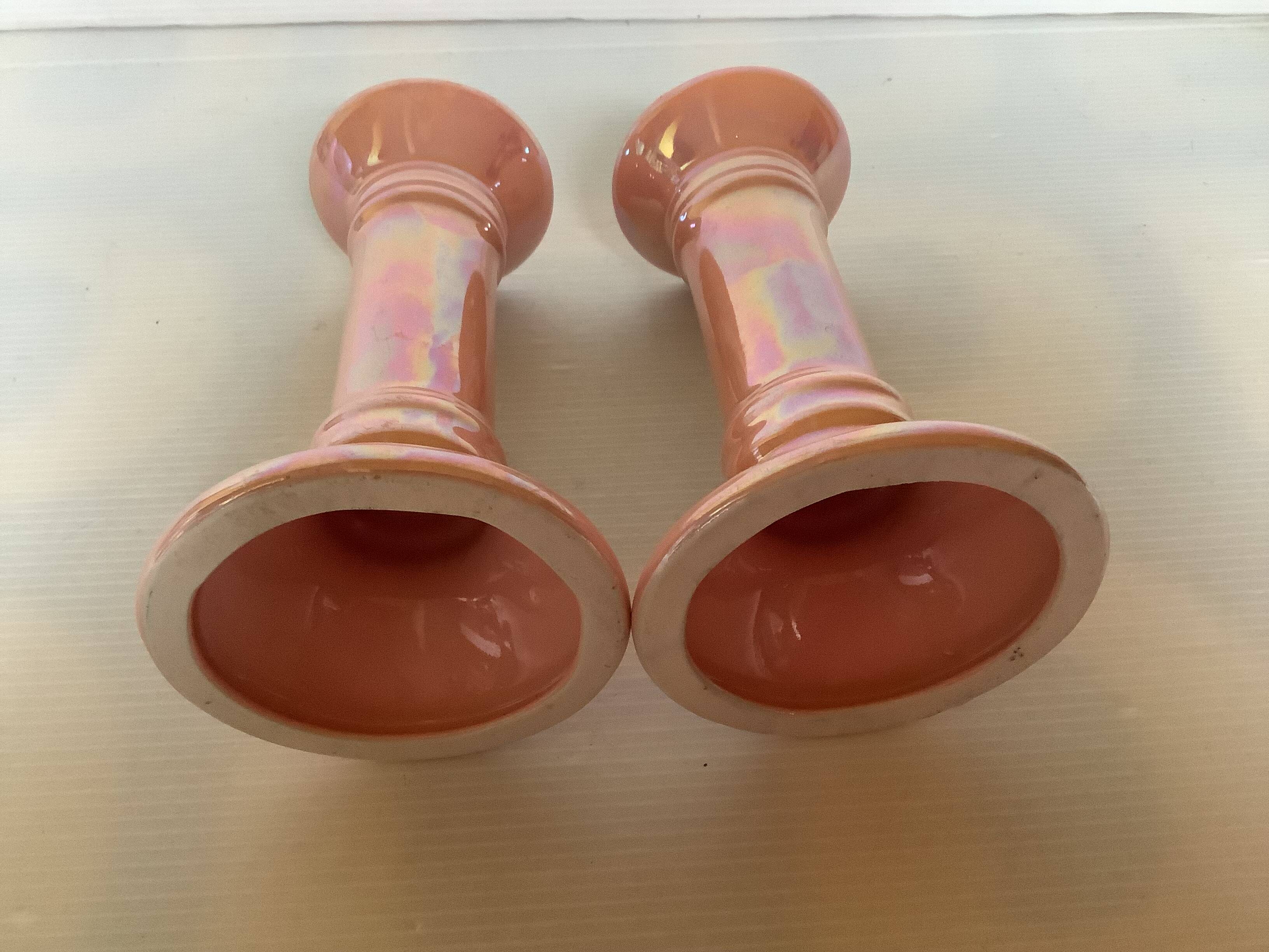 Pair of iridescent pearly pink candlesticks from the 70s