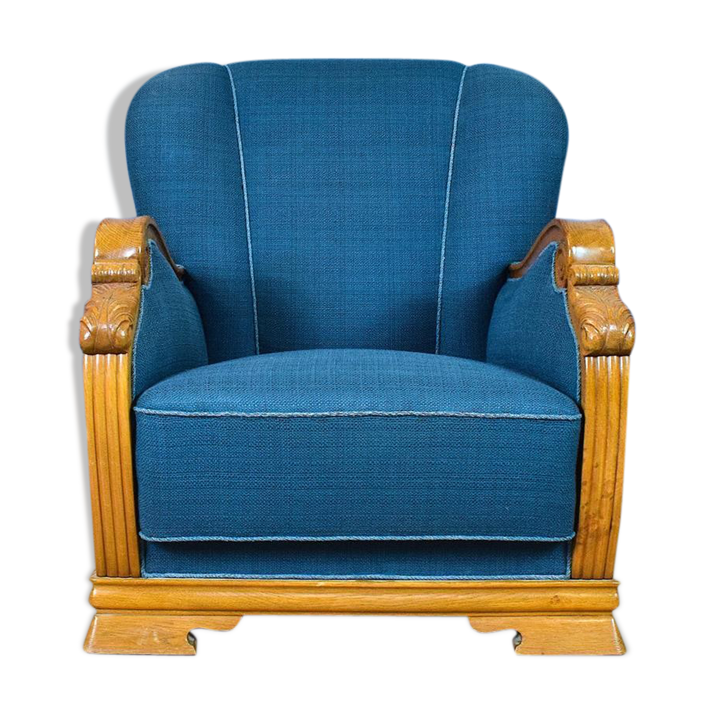 Mid century danish teal blue wool & oak club lounge chair