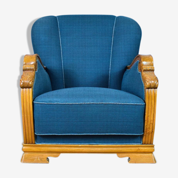 Fauteuil lounge de milieu de siècle en laine bleue et chêne