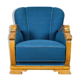 Mid century danish teal blue wool & oak club lounge chair