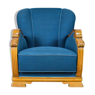 Fauteuil lounge de milieu de siècle en laine bleue et chêne