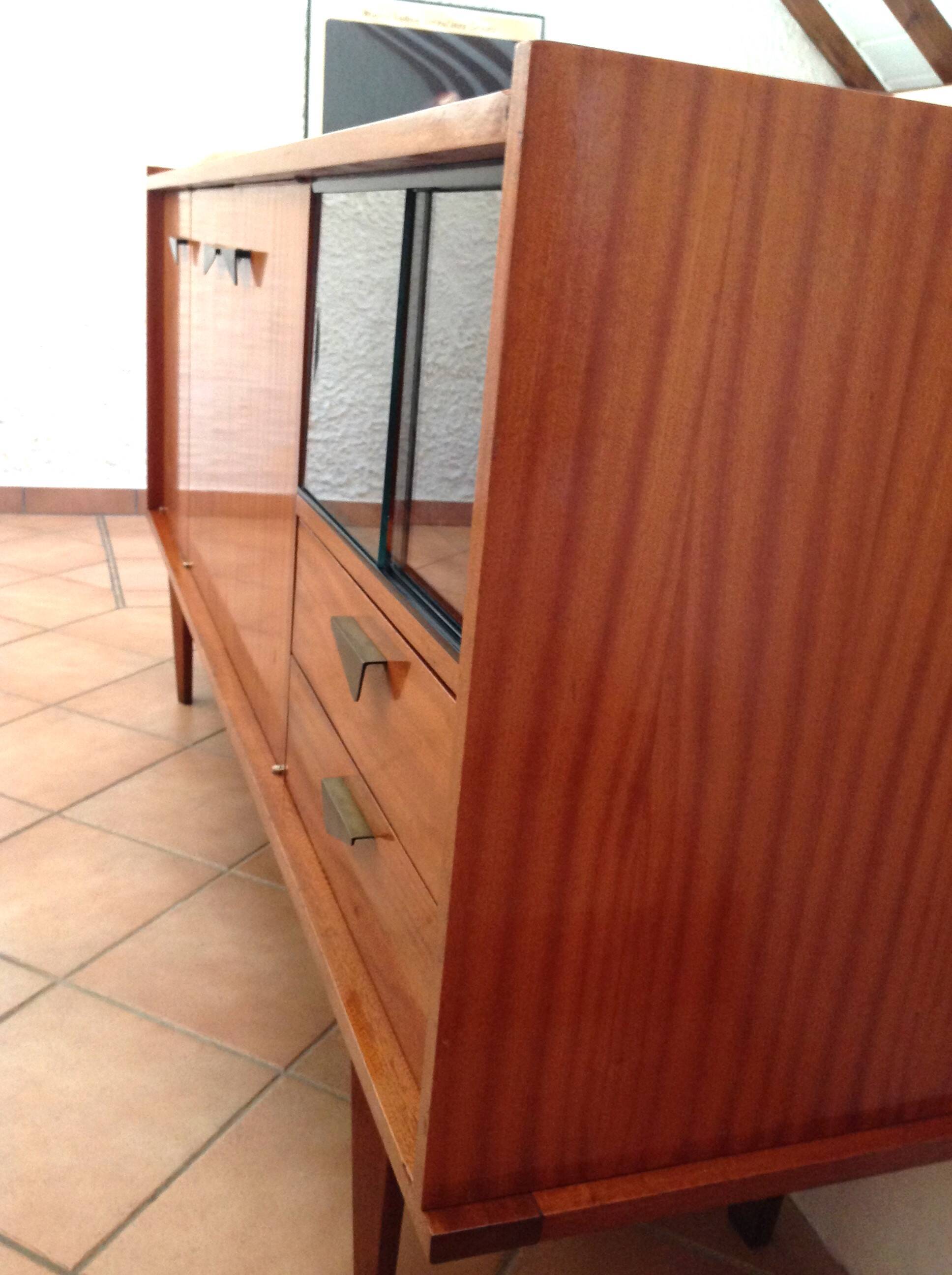 Varnished wooden sideboard with glass storage / vintage 60s-70s