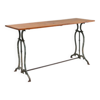 Table de bistrot ancienne française avec base en métal et plateau en chêne, années 1890