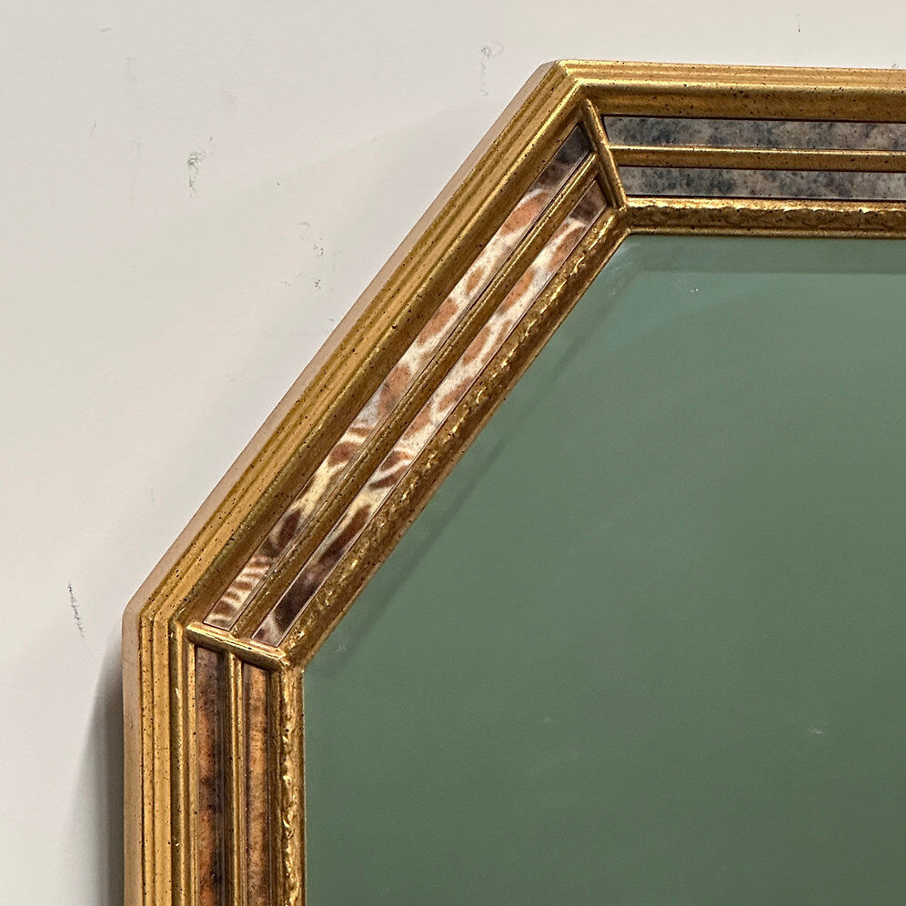 Pair gilt octagonal mirrors by Deknudt, vintage églomisé, Belgian 1970s, gold