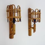 Pair of bamboo rattan lantern wall lights. 50s 60s