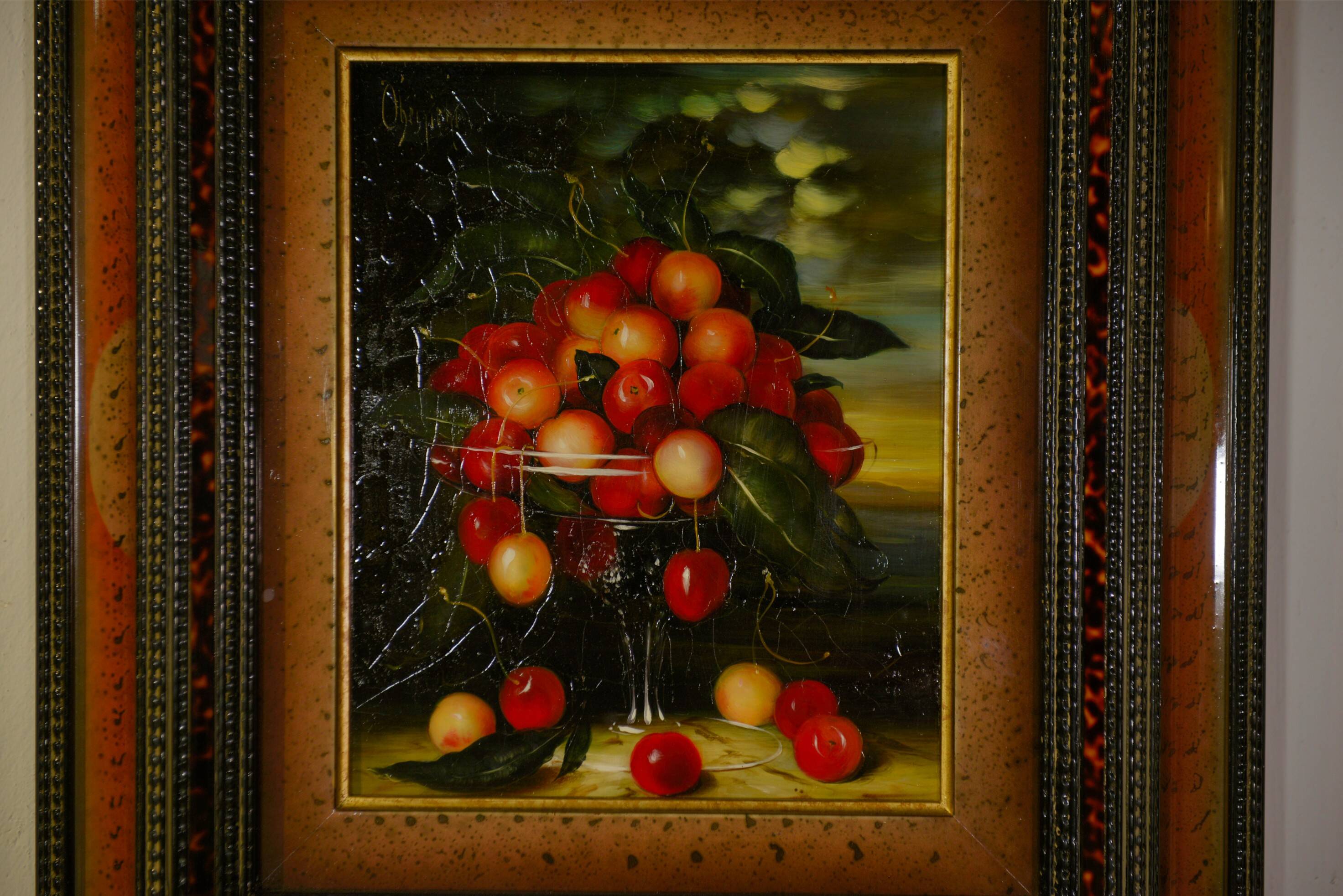 Oil painting on canvas Crystal with a bouquet of cherries by D. Obeniale 1950