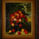 Oil painting on canvas Crystal with a bouquet of cherries by D. Obeniale 1950