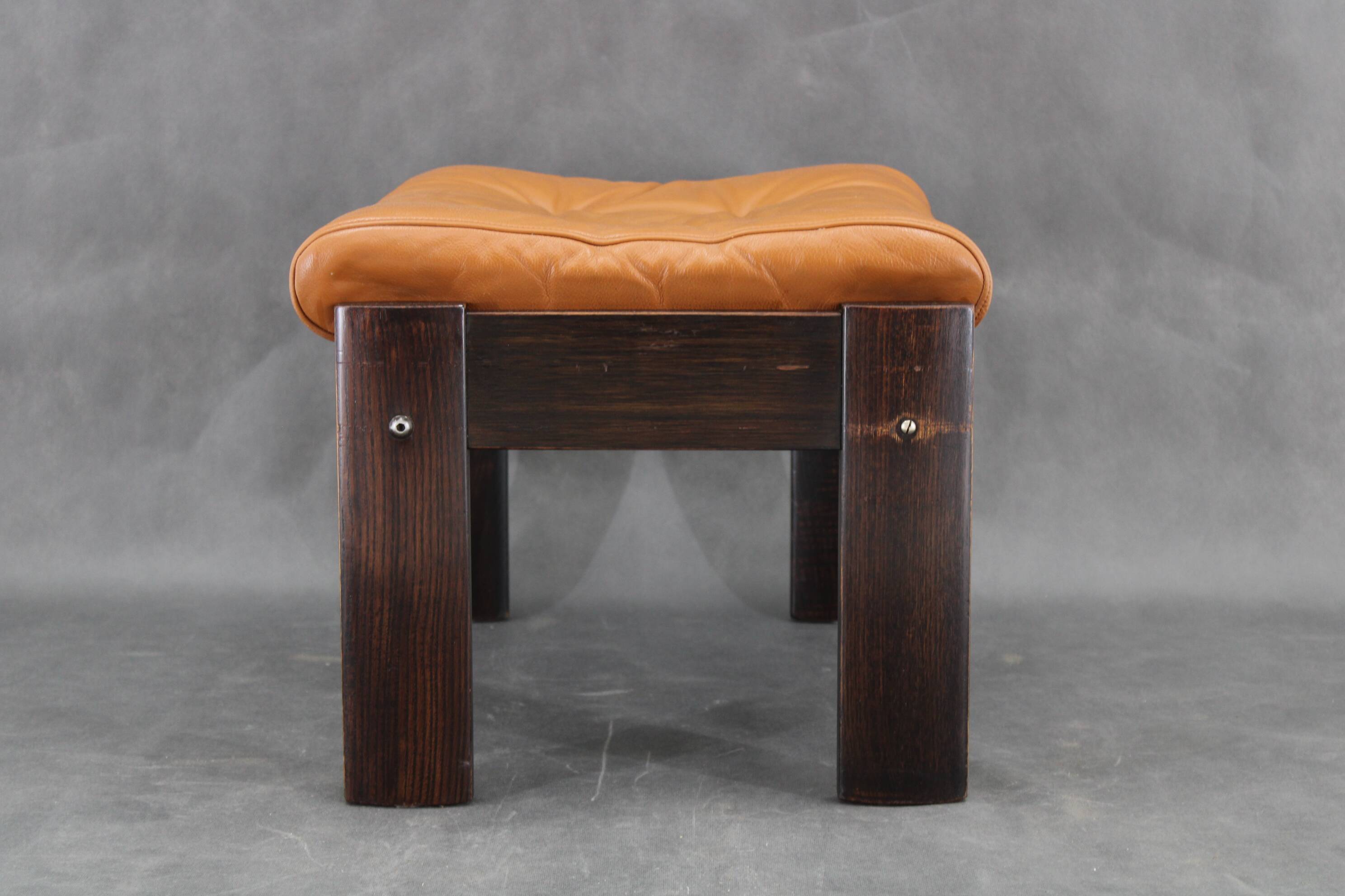 1960s Brown Leather Oak Stool, Denmark