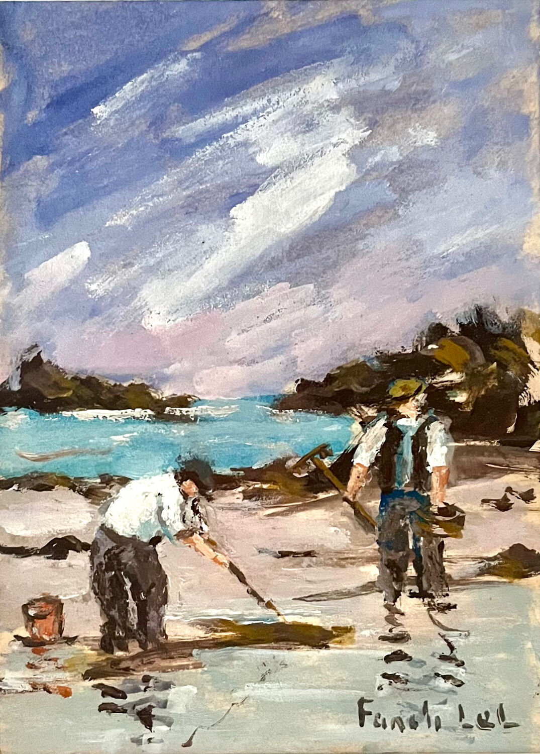 Pêche à pieds à Saint Lunaire, gouache sur crying signée Fanch Lel