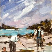 Fishing on foot in Saint Lunaire, gouache on crying signed Fanch Lel