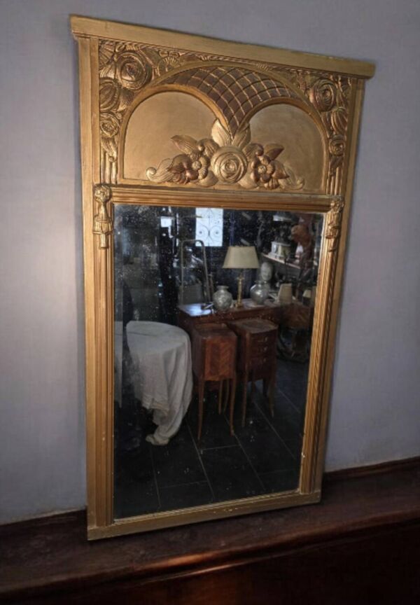 Miroir Art Déco doré années 1930 , miroir biseauté ,131cm de H