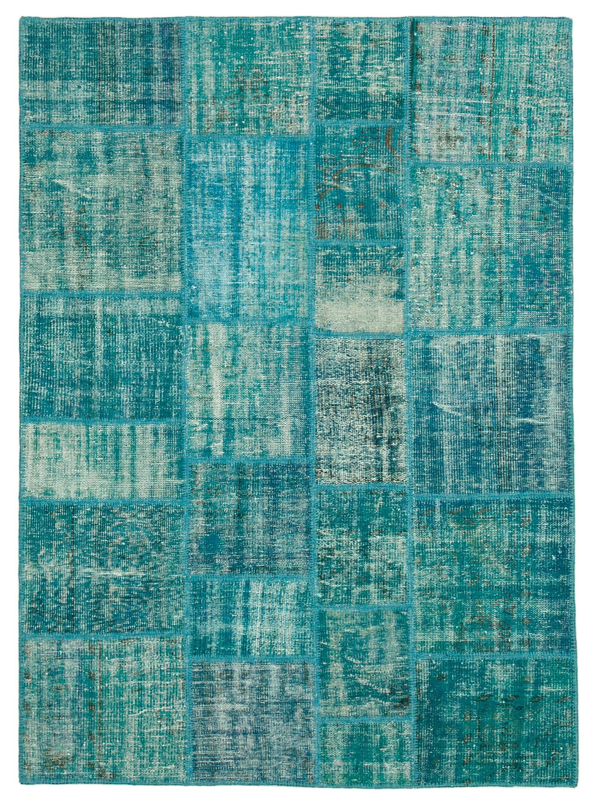 Handwoven Anatolian Contemporary 174 cm x 240 cm Turquoise Patchwork Carpet