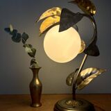 Vintage lamp with leaves in gilded brass and white opaline globe