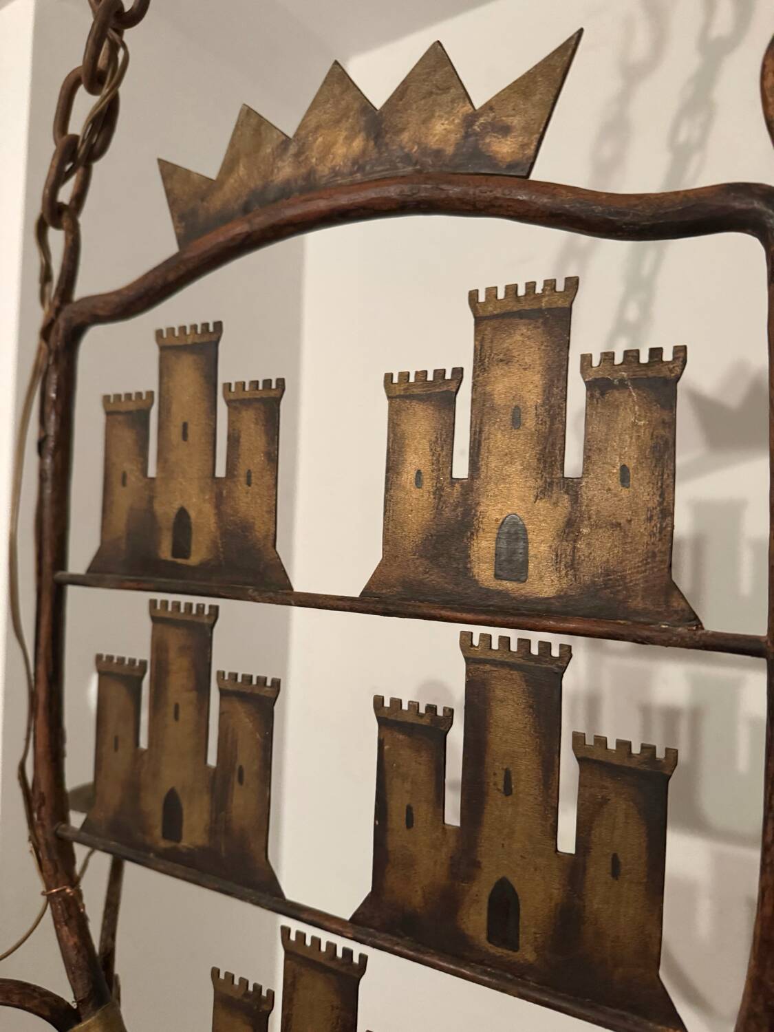 Medieval style heraldic wrought iron chandelier