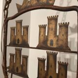 Medieval style heraldic wrought iron chandelier
