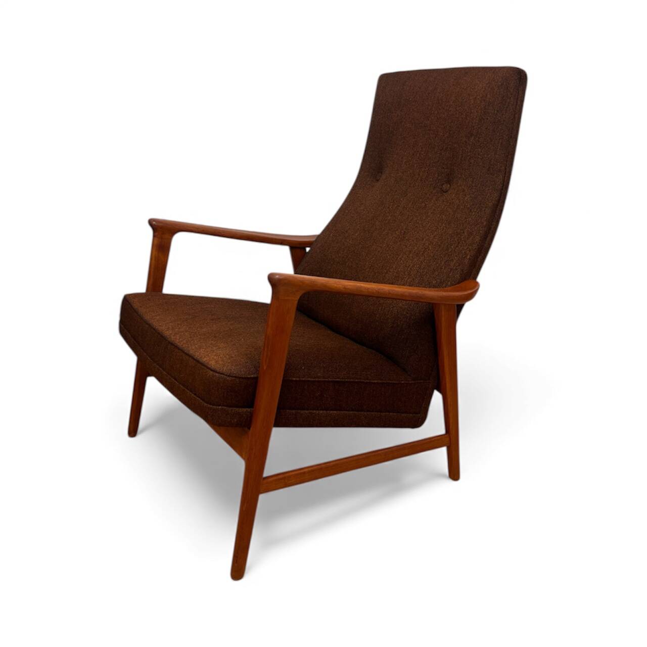 Pair of adjustable lounge chairs "Duxiesta" in teak and brown wool by Folke Ohlsson, Dux Sweden, 1960s.