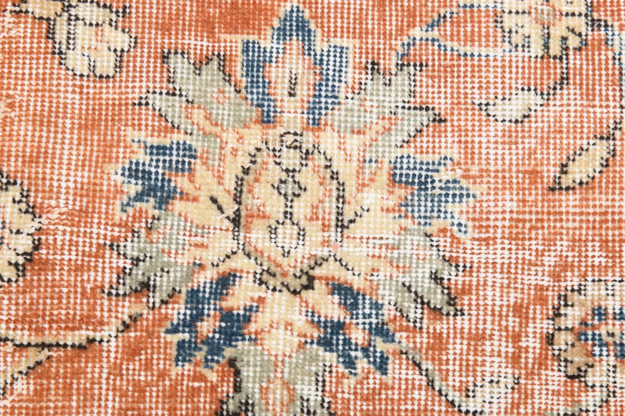 8x11 Orange & Blue Bordered Turkish Vintage Rug, Rugs For Bedroom, Antique