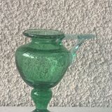 Candle holder, oil lamp in blown glass green glassware of vintage biot signed