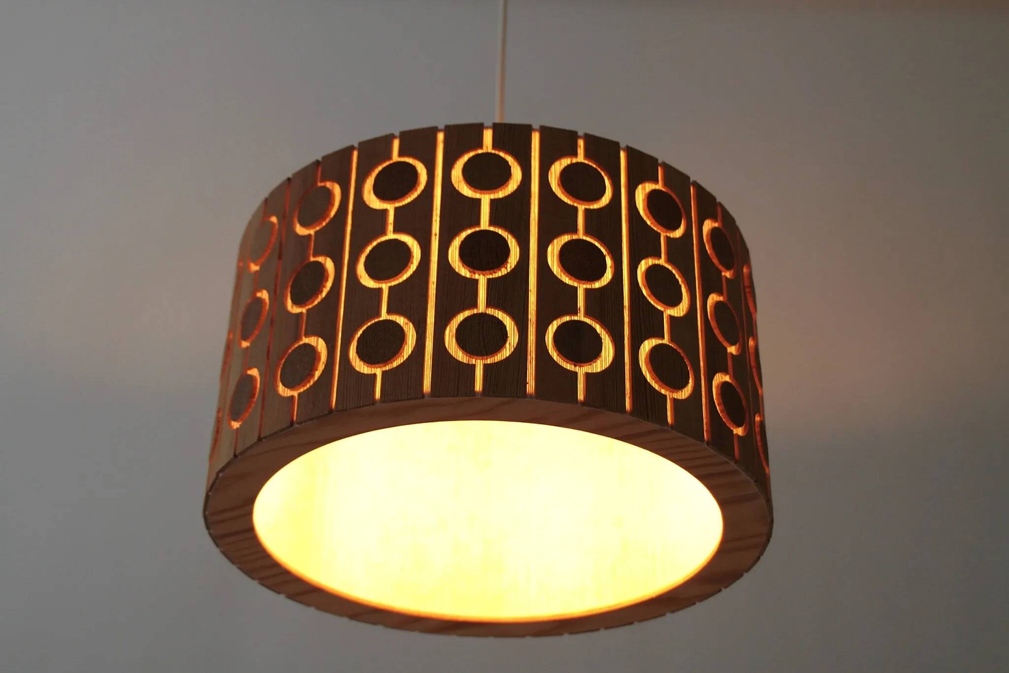 Pine Pendant Lamp – Cylindrical with Circle Pattern, Scandinavia – 1960s/1970s