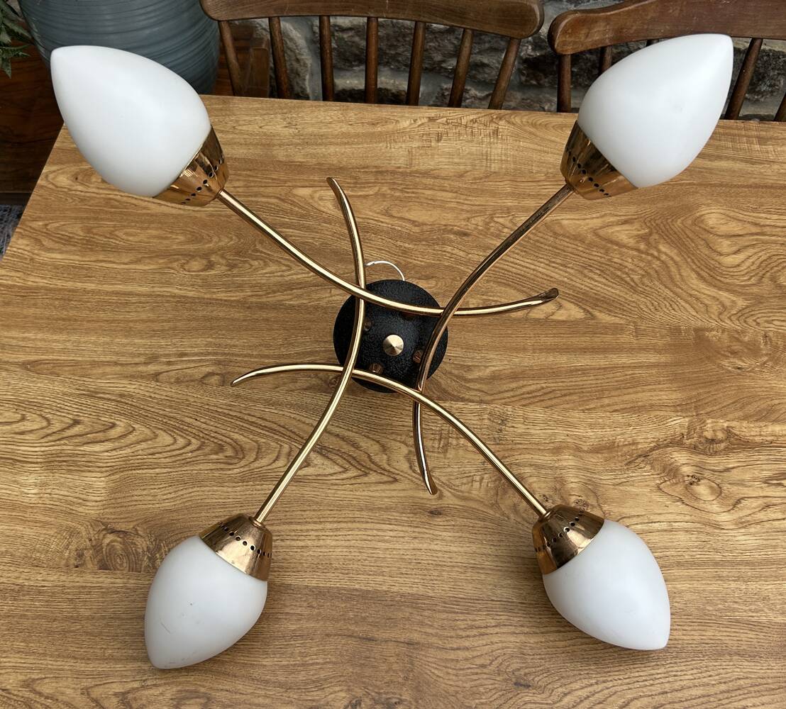 Four-light pendant lamp, brass and opaline glass, Maison Arlus, Paris, vintage 1970s