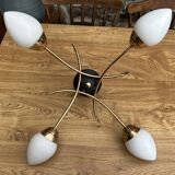 Four-light pendant lamp, brass and opaline glass, Maison Arlus, Paris, vintage 1970s