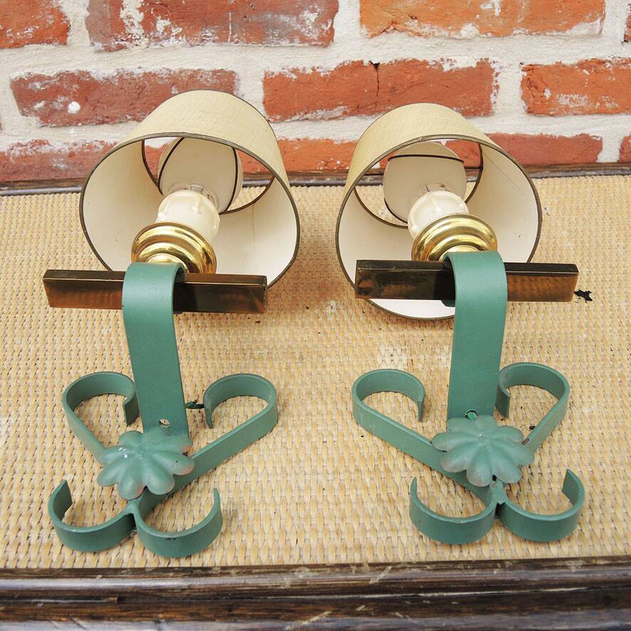 2 old wall lights in brass and painted wrought iron
