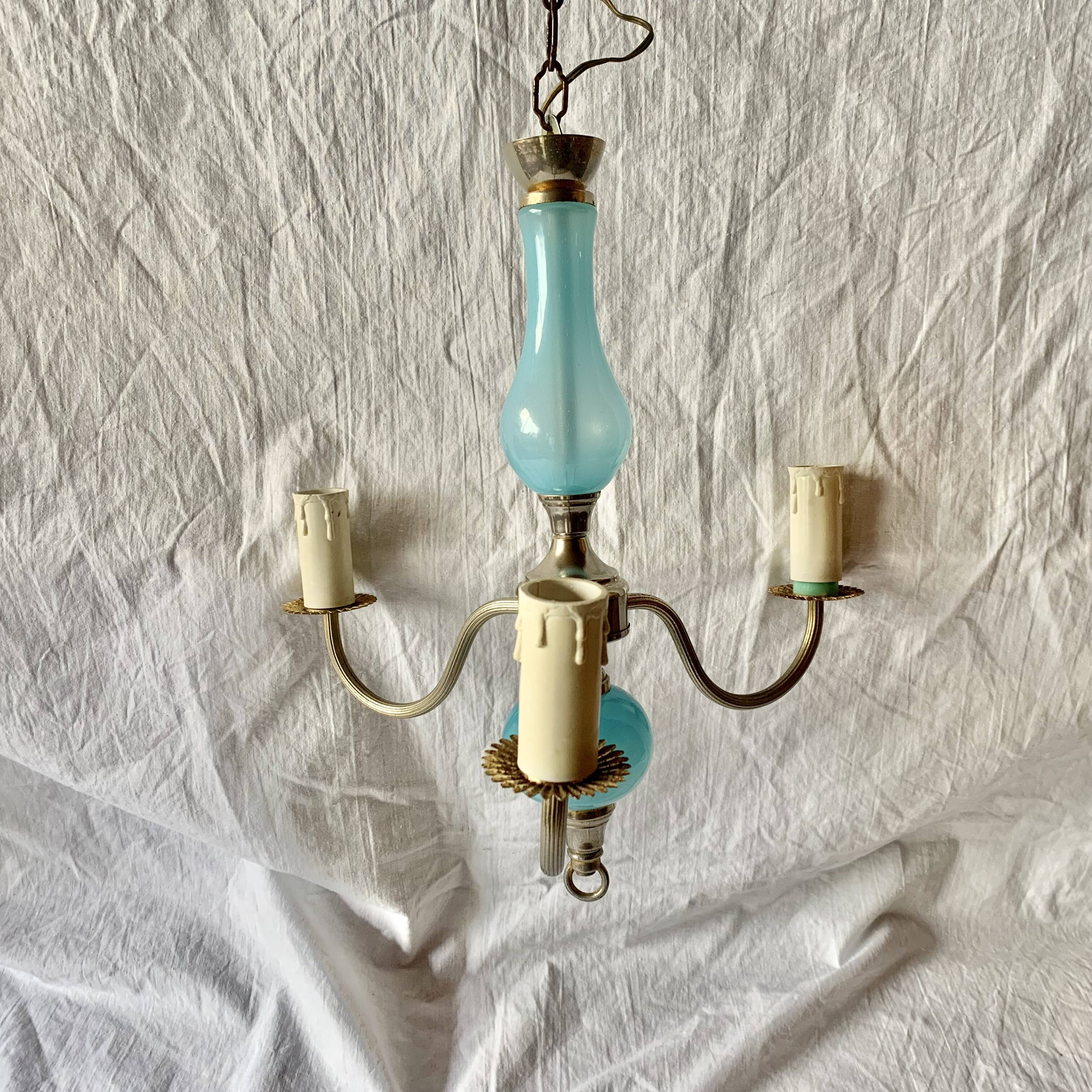 Turquoise opaline and vintage metal chandelier - 3 arms