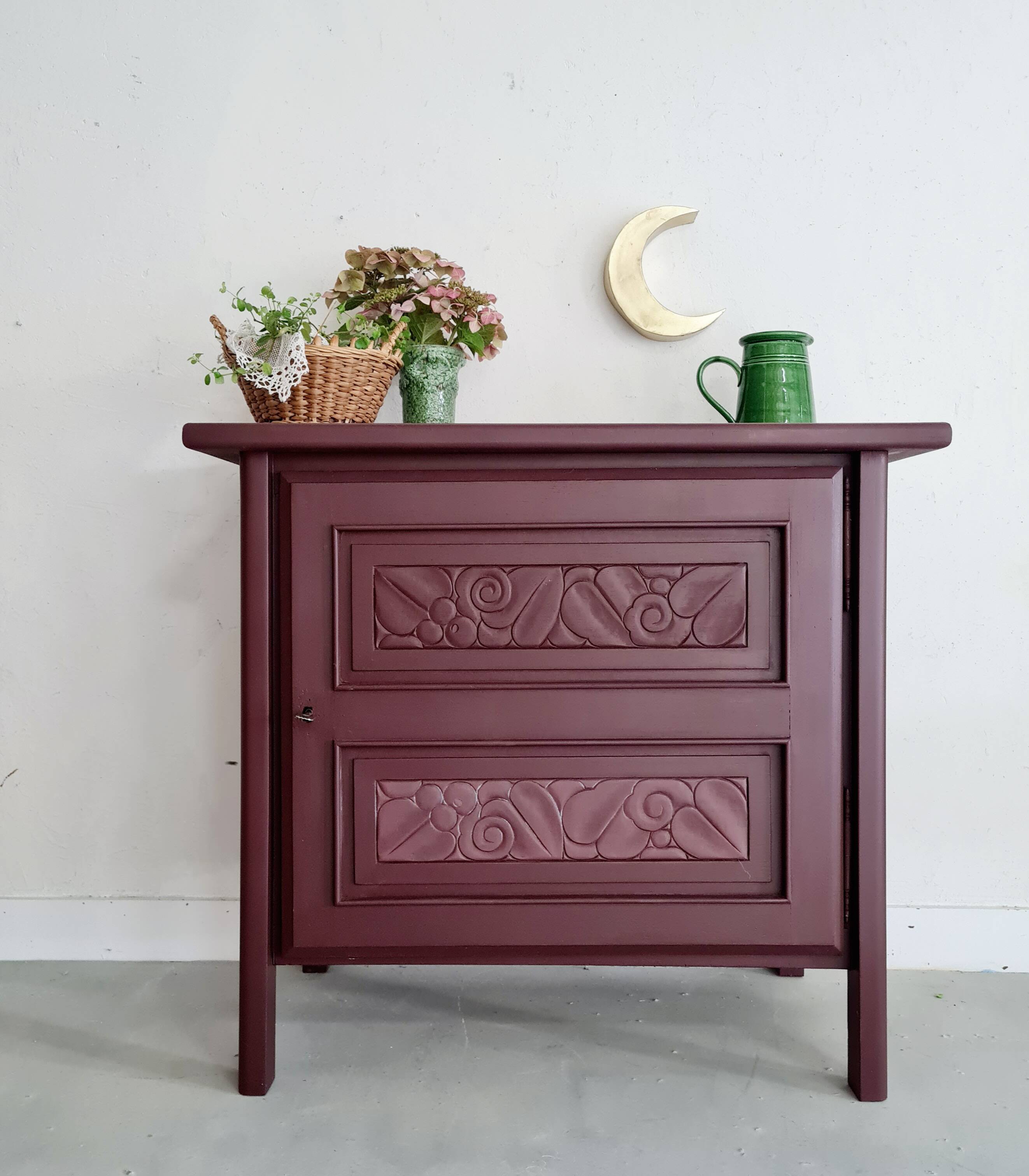 Bahut old art deco flowers garnet pink