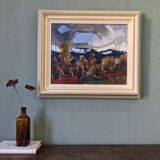 Mid-century modern swedish vintage landscape oil painting