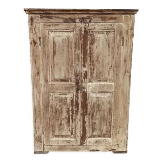 Armoire ancienne en bois façade beige/ jaune pâle